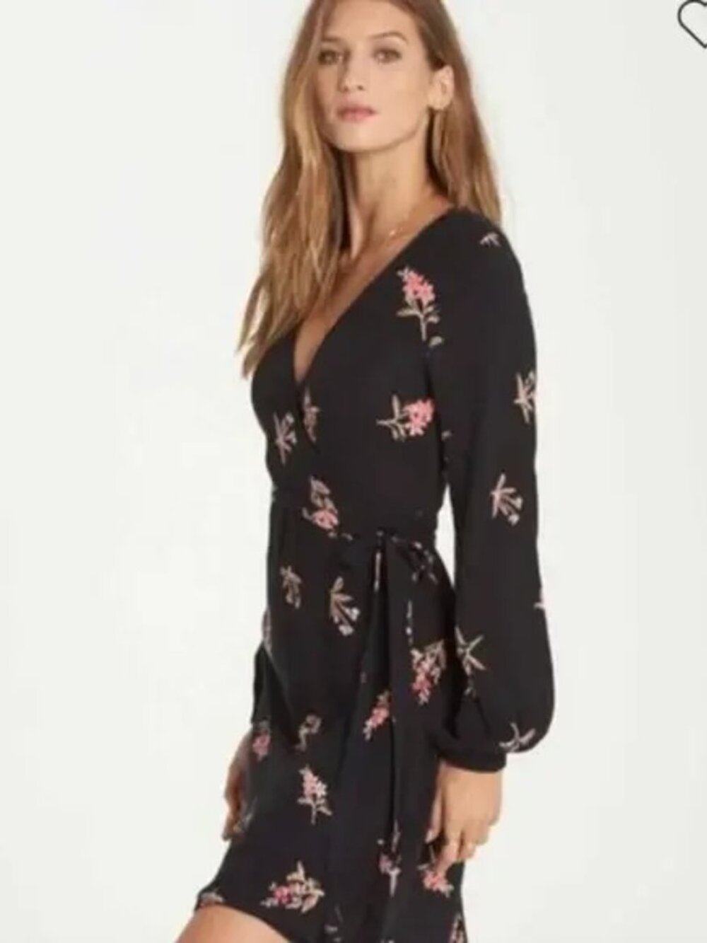 EUC Billabong Love Warrior Wrap Mini Dress in Black Floral Sz L - Picture 2 of 6